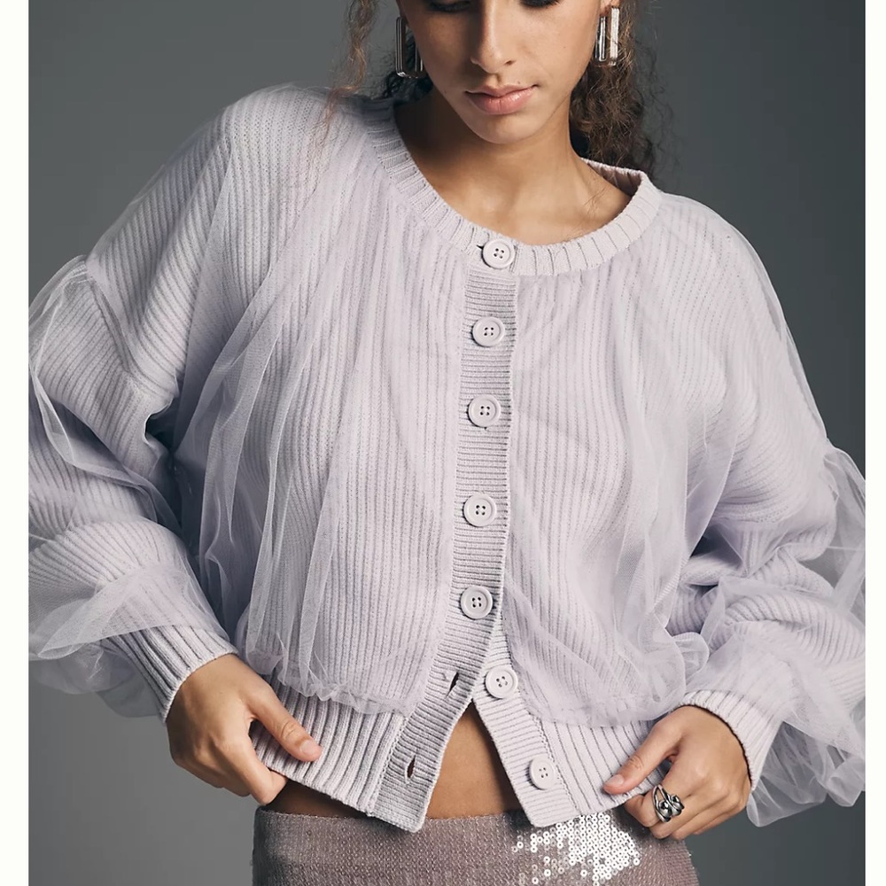 By Anthropologie Lilac Crew Neck Tulle Cardigan